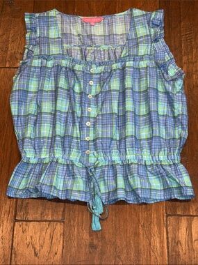 Size Large • Simply Southern • Blue & Green Plaid Ruffle Button Tank
